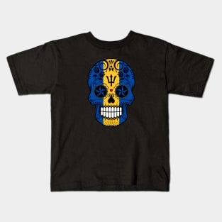 Barbados Flag Sugar Skull with Roses Kids T-Shirt